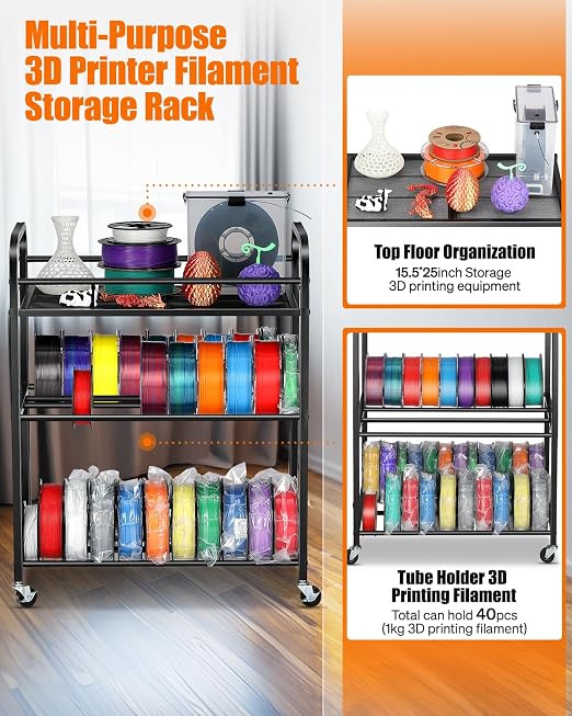 3D Printer Filament Storage Rack- Rolling Filament Spool Holders Racks with Wheels, Heavy Duty Metal Shelf for PLA/ABS/TPU/Nylon, Filaments Organzied for 3D Printing Studio, Office Workshop (Black)