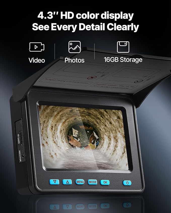 VEVOR Sewer Camera, 164 ft/50m, Self-Leveling Drain Inspection Camera with 4.3" 1080P HD Screen, IP68 Waterproof Snake Plumbing Camera with Lights - 12 LEDs & 16GB Card for Sewer Line Duct Pipe