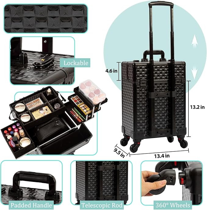 AROUS Rolling Makeup Train Case, Large Storage Cosmetic Trolley with 4 Aluminum Trays, 360 Swivel Wheels, Keys, Traveling Cart Trunk for Nail Technicians Hairstylist, Black
