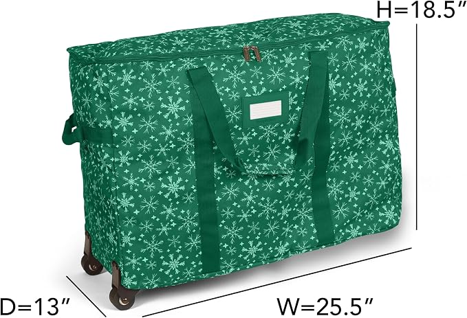 Covermates Keepsakes Rolling Treasurekeeper Storage Bag – Heavy-Duty Polyester with Dual Wheels & Handles – Protects Holiday Decorations with ID Window & Dual Zipper Access, Green Snowflake