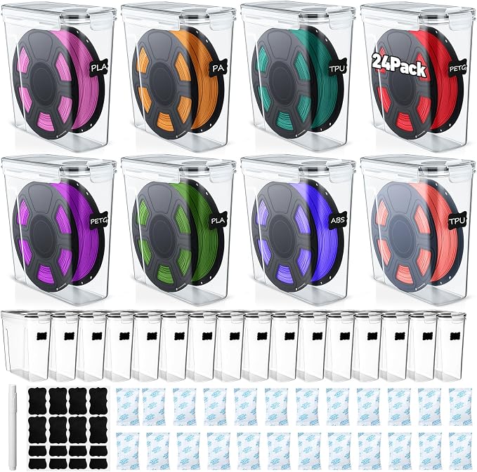 24 Pack 3D Printer Filament Storage Box - Portable Sealed Filament Container 4.0 L Water-Proof & Dust-Proof with Desiccant, Tag, Pen for Studio Office Workshop Home, Only Case Set