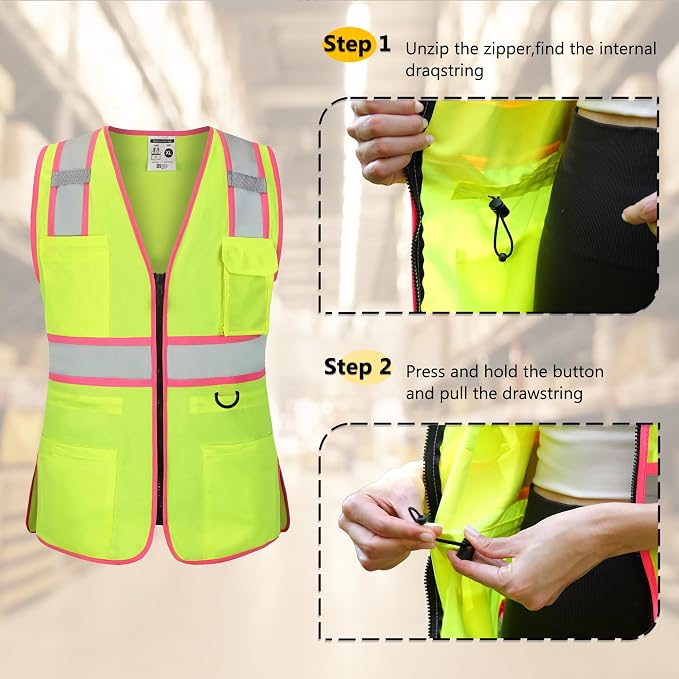 FATONE Women's ANSI Class 2 High-Vis Safety Vest with Reflective Strips, Zipper Pockets & Adjustable Waist - Yellow/Pink Construction Work Vest for Warehouse Personnel, Road Crews S