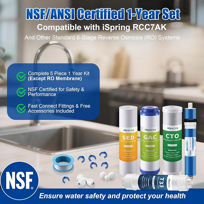 F5 NSF Certified 6-months Reverse Osmosis Water Filter Replacement Set Compatible with iSpring RCC7AK, 5-Count for Standard 5-Stage Reverse Osmosis (RO) Systems with 100 GPD RO Membrane