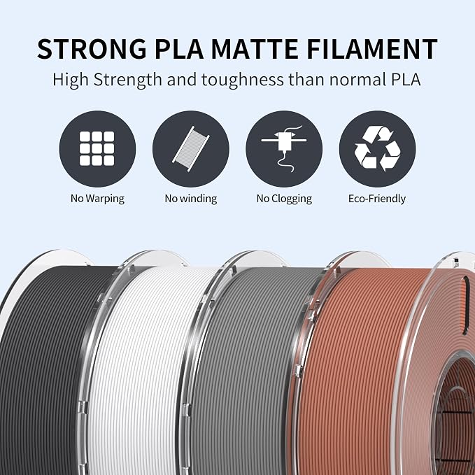 RAMBERY Matte PLA 3D Printer Filament Bundle 4KG, Matte Smooth Finish PLA Filament 1.75mm, Individually Vacuum Packed, 1kg(2.2lb) X4PCS, Black/White/Cement Gray/Cocoa Brown