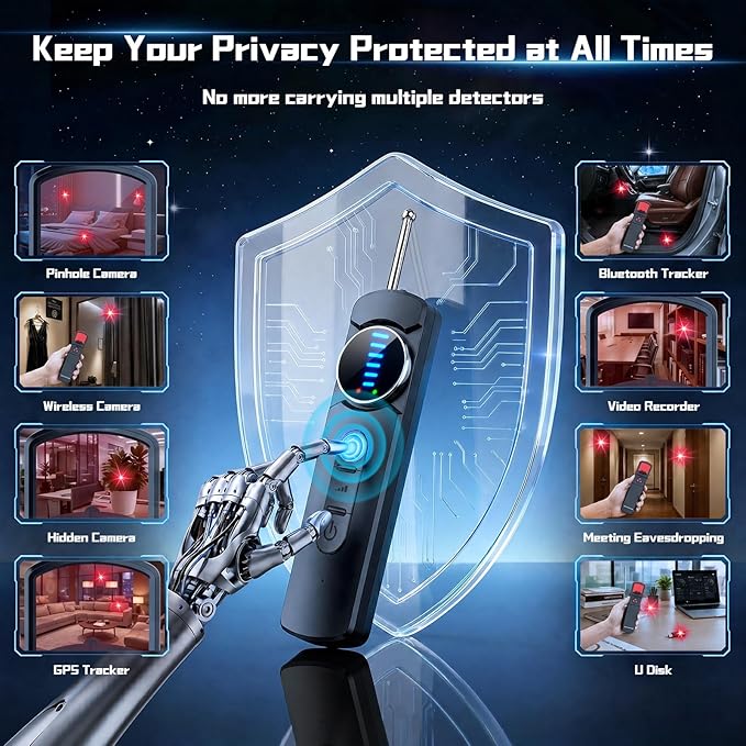 7-in-1 Hidden Camera Detectors, AI Chip Anti-Spy Camera Finder, GPS Tracker & Bug Detector, Portable RF Signal Scanner for Hotel, Dressing Room, Bathrooms, Cars & Travel Security (Black)