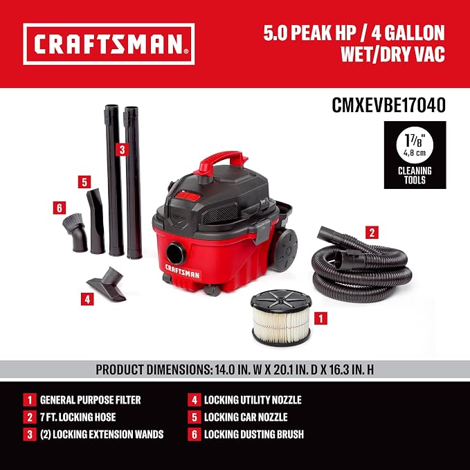 CRAFTSMAN CMXEVBE17040 4 Gallon 5.0 Peak HP Wet Dry Shop Vacuum