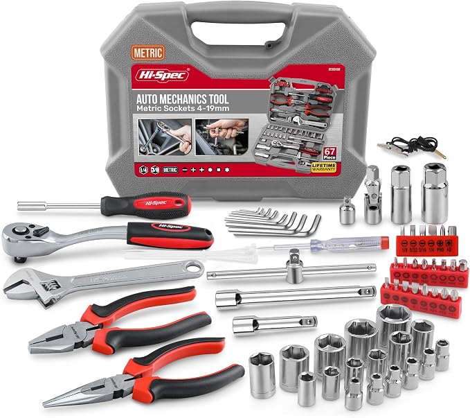 Hi-Spec 67Pc Metric Auto Mechanic Tool Set, Motorcycle & Car Tool Kit, Auto Repair with Pliers, Screwdriver Set, Socket Kit & Tool Box Storage Case for Cars, Trucks, Boats RVs & Jeeps