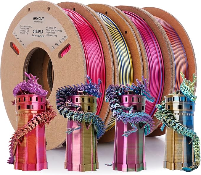 ERYONE PLA Filament 3D Printer Filament Bundle Multicolor 1.75mm +/- 0.03mm, PLA Filament 250g Spool, 4 Rolls, Silk Triple Color 1