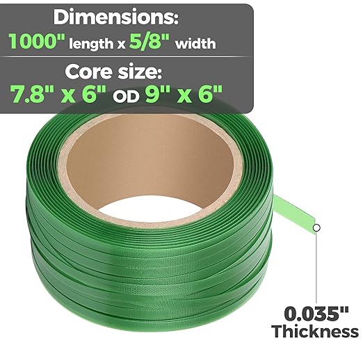 Heavy Duty Packaging Strapping Banding Roll - Green Polyester PET Industrial-Grade, 1000' x 5/8" x 0.035" Pallet Strap Coil - 1400 lbs Break Strength, Rust-Resistant with Self Dispensing Box Kit