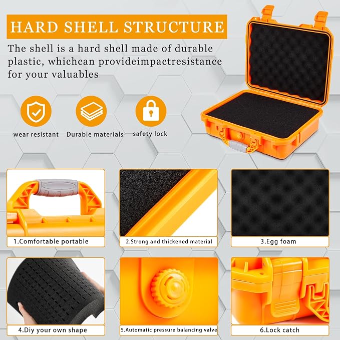 Relaxweex 1 Pcs Waterproof Hard Case with DIY Customizable Foam Insert Portable Protective Case with Knife for Camera Drones Equipments Tools Test Instruments(Orange,16.3 x 12.4 x 6.5 Inch)