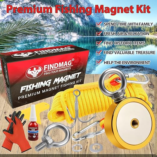 FINDMAG 1725 lbs Neodymium Magnets Kit, 3.7" Diameter Fishing Magnet for Retrieving Items in River, Lake, Magnet Fishing Kit Heavy Duty with Hole, Fathers Day Gift for Dad