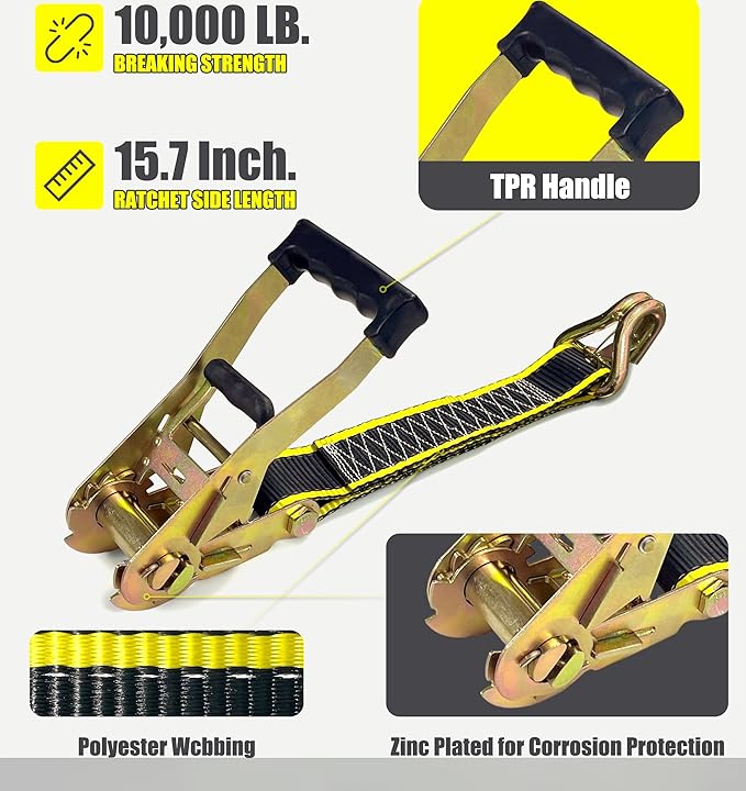 KJE Heavy Duty Car Trailer Tie Down Straps with Reflective - (4) 2" x 10' Ratchet Straps + J-Hooks with Clip, (4) Axle Straps 2" x 36'' - 10,000lbs Break Strength - Use for Car, Truck, UTV Transport
