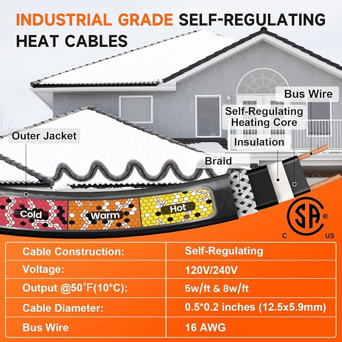 Cut-to-Length Roof & Pipe Heating Cable – YeloDeer Professional Bulk Roll, 5W/ft 120V 500Ft Self-Regulating CSA for Electricians and Installers (Requires End Seal & Power Cord Kit)