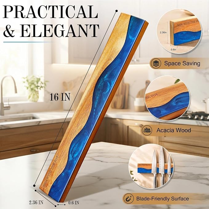 MEN WITH THE POT Magnetic Knife Strips, 16 Inch Magnetic Knife Holder for Fridge Wall, Acacia Wood & Blue Resin Knife Magnetic Strip Use as Knife Bar, Knife Holder for Kitchen Utensil Organizer