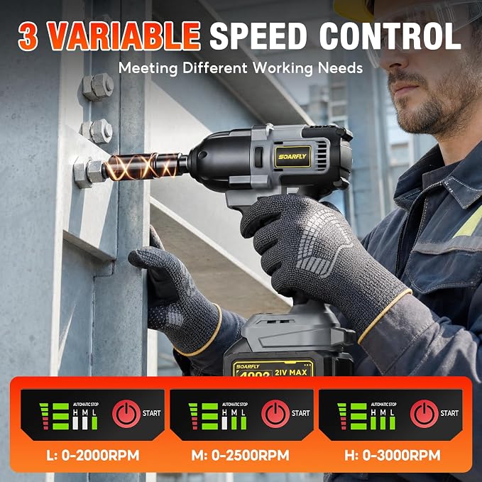 SOARFLY 1/2" Cordless Impact Wrench, 738 Ft-lbs (1000 N.m) High Torque 21V Brushless Electric Impact Gun with 2x 4.0Ah Batteries, Impact Driver with LED Light, 6 Sockets for Home Car/Mower/Truck RV