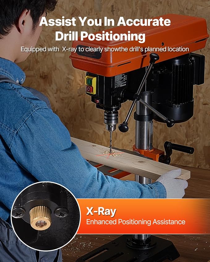 VEVOR 10 in Benchtop Drill Press, 6.2A Induction Motor, Tabletop Drilling Machine with 610/940 / 1500/2150 / 2800 RPM Adjustable Speed, 0-45° Tilting Worktable, LED Work Light, for Wood Metal