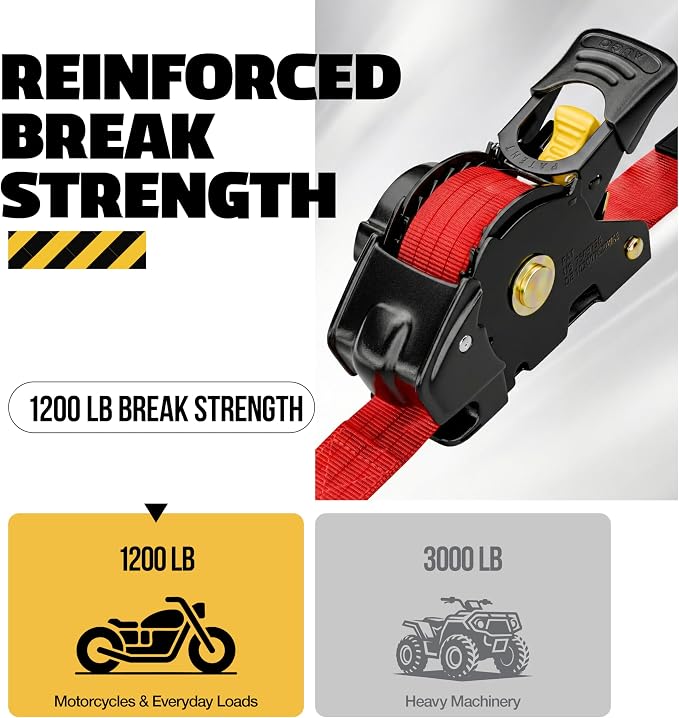 AUGO Retractable Ratchet Straps | 4 Heavy Duty Ratchet Straps Self Retractable Tie Downs with Soft Loops & Storage Bag for Motorcycle, Truck, Trailer, Cargo Van | 1200 Lb Break Strength 1” x 10’