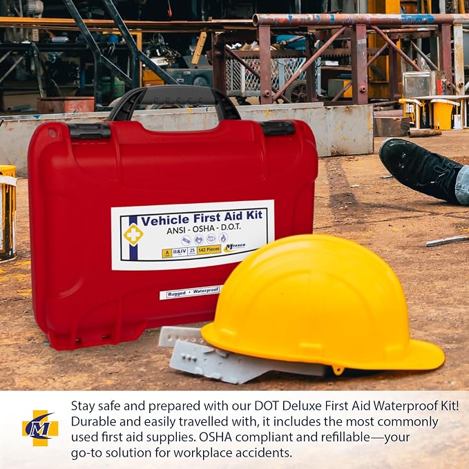 MFASCO Deluxe Class A First Aid Kit 909 Red | DOT, ANSI & OSHA Approved, Packed in a Rugged, Waterproof, Indestructible Case, Compartmental Bag, Durable, Red Plastic Kit, OSHA Type II & IV Container