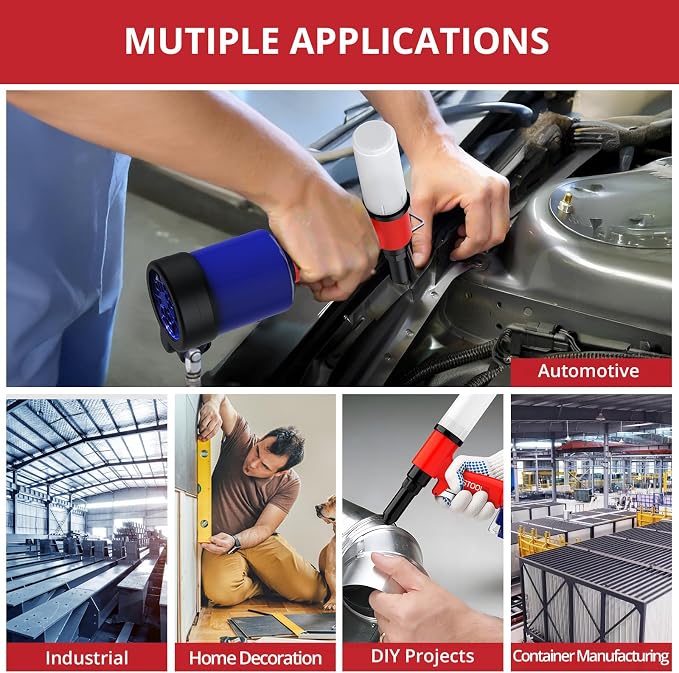 JUSTOOL 3916 LBF Heavy Duty Air Rivet Gun Pneumatic Rivet Gun, 5 Nosepieces 3/32", 1/8", 5/32", 3/16", 1/4", 16mm Maximum Stroke, NPT 1/4 inch Air Pop Riveter for Automotive, Construction, Industries
