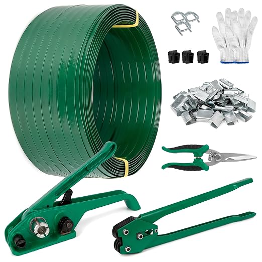 Banding Strapping Kit, 1200lbs Break, Heavy Duty 5/8'' x 1000' PET Strapping Roll, Pallet Strapping Kit with Tensioner & Banding Sealer for Warehouse, Includes Metal Seals, Buckles, Corner Protectors