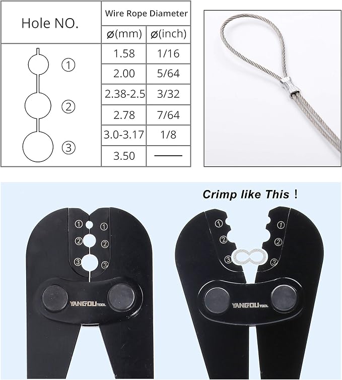 Yangoutool Wire Rope Cutting and Crimping Tool Sheet Metal Crimper Swaging Tool for Aluminum Oval and Double Barrel Stop Ferrule Loop Sleeves 1/16 to 1/8 Inches Cable End Hanging Ring Fixing Plier