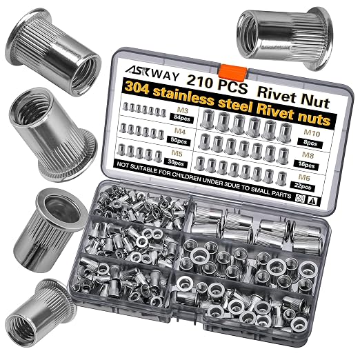 ASKWAY Stainless Steel Rivet Nut Kit 210Pcs 304 Stainless Steel Pressure Rivet Nut Combination, Suitable for Furniture, Decoration, Automobile, Marine and Industrial Applications