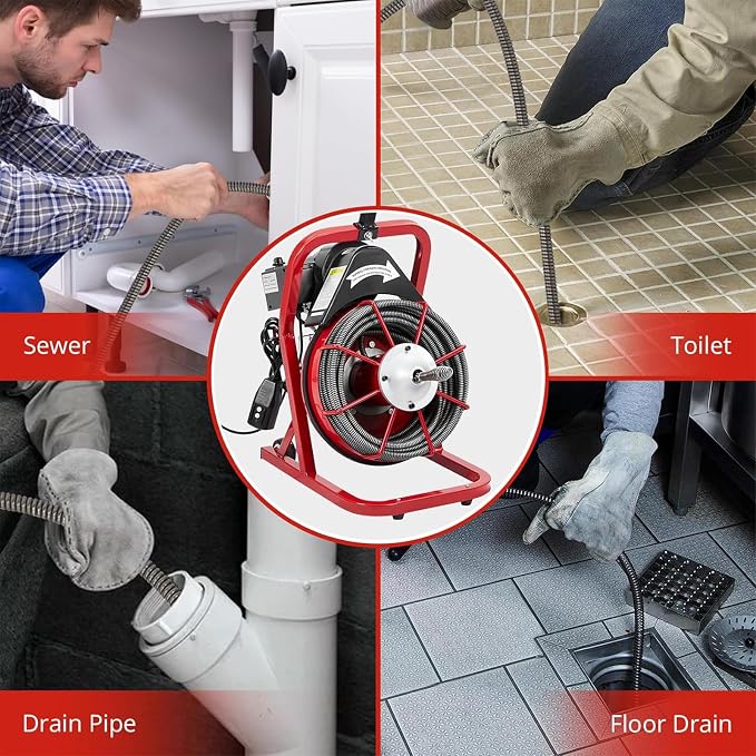 Acekool Electric Drain Cleaner Machine, Drain Auger 50Ft X 3/8 Inch for Sewer Clean, Efficient Drain Snake Cleaning Sewer Auger for 1~4 Inch Pipes, w/Foot Switch, 4 Cutter Blades, Protective Gloves