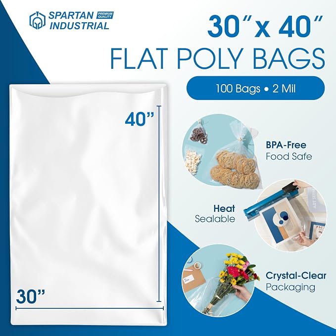 30" X 40" Open-End Flat Poly Bags (100 Count) - 2 Mil Clear Plastic Bags for Packaging, Shipping, Storage - No Adhesive Strip - Spartan Industrial