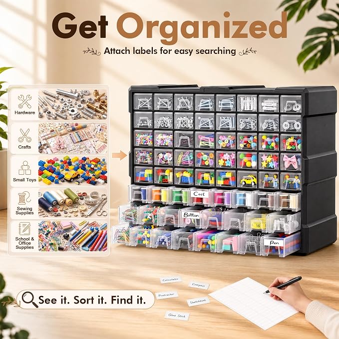 PurKeep 64-Drawer Organizer for Garage Building Bricks Storage,𝐓𝐡𝐢𝐜𝐤𝐞𝐫 Drawer Storage Cabinet with Dividers and Labels for Hardware,Screws,Nuts Bolts, Garage Tools,Charms,Beads,Craft,Scrapbook