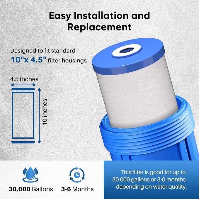 PUREPLUS Whole House Water Filter, 10"x4.5" Universal Housing, Clear, with 2 Compound Water Filters, Reduceing Chlorine, sand, rust, sediment, color, Replacement for FXHTC, GXWH40L, GXWH35F, GNWH38S