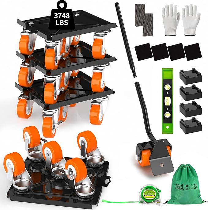 Upgraded Heavy Duty Furniture Dolly 360° Rotating 5 Orange Wheels, Alloy Steel Furniture Movers Up to 3748 lbs/1700 Kg Load Capacity with Measure Tape and Leveler (6.9x6.5 in)