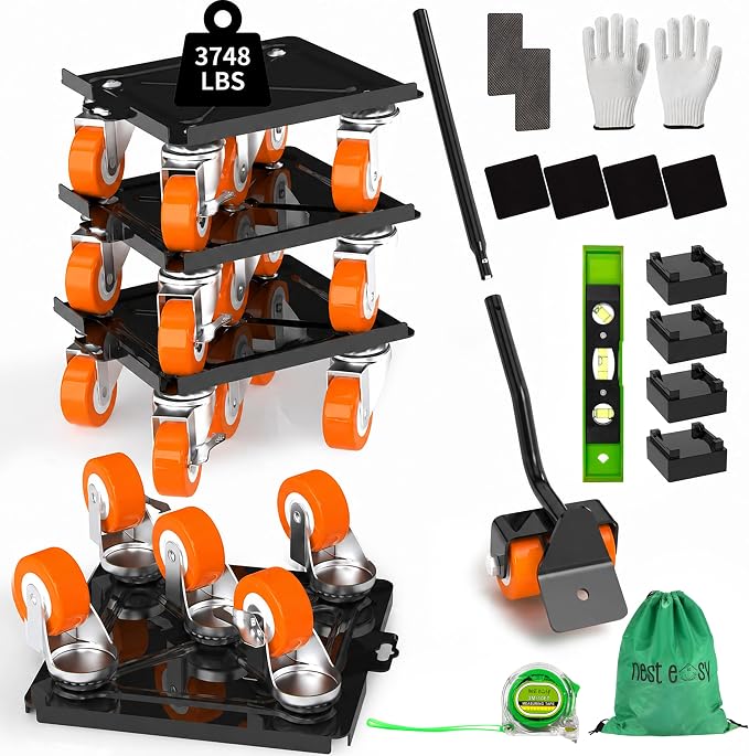Upgraded Heavy Duty Furniture Dolly 360° Rotating 5 Orange Wheels, Alloy Steel Furniture Movers Up to 3748 lbs/1700 Kg Load Capacity with Measure Tape and Leveler (8.6x7.8 in)
