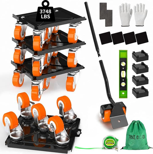 Upgraded Heavy Duty Furniture Dolly 360° Rotating 5 Orange Wheels, Alloy Steel Furniture Movers Up to 3748 lbs/1700 Kg Load Capacity with Measure Tape and Leveler (8.6x7.8 in)