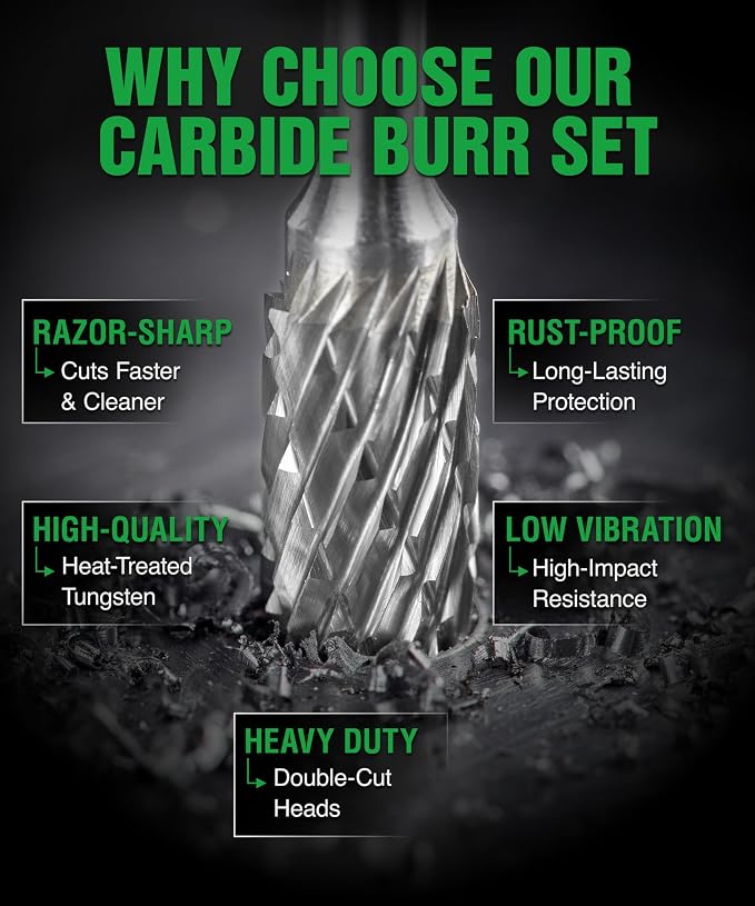 Carbide Burr Set 1/4" (6.35mm) Shank – 10 Pcs Double Cut Die Grinder Bits for Milling, Carving, Engraving, Deburring, Drilling, Hard Wood and Metals – Tungsten Carbide Drill Bit Set for Rotary Tools