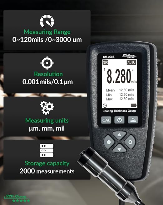 Coating Thickness Gauge CM-208Z – 0-3000µm (0-120 mils) Industrial Paint Thickness Meter, 0.001mil Resolution, External Probe, Fe/NFe Auto Detection, USB Data Export