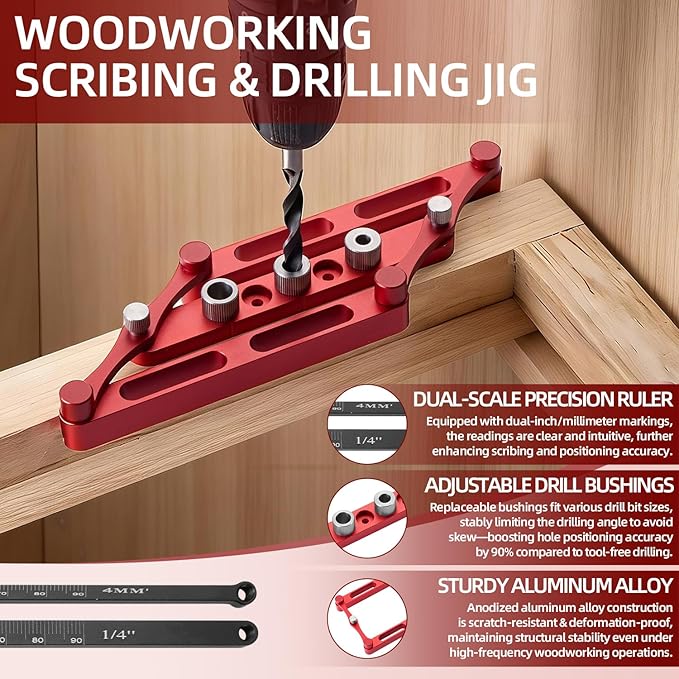 Positioner Locator Tool Dowel Jig Woodworking Joinery Hole Drill Guide，Center Finder Gauge with Self Centering Interchangeable Rods，Woodworking Marking Gauge for Precise Mortise and Tenon Jig