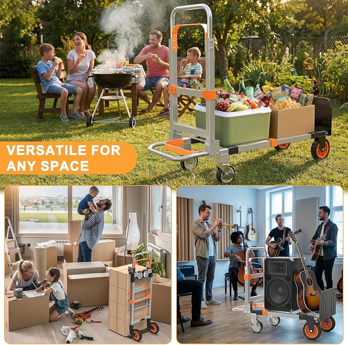 3 in 1 Aluminum Hand Truck Foldable, 500 lbs Convertible Dolly, Collapsible Dolly Cart with 4 Rubber Wheels,Portable Trolley with Retractable Handle for Moving/Office/Home/Warehouse(Orange Silver)