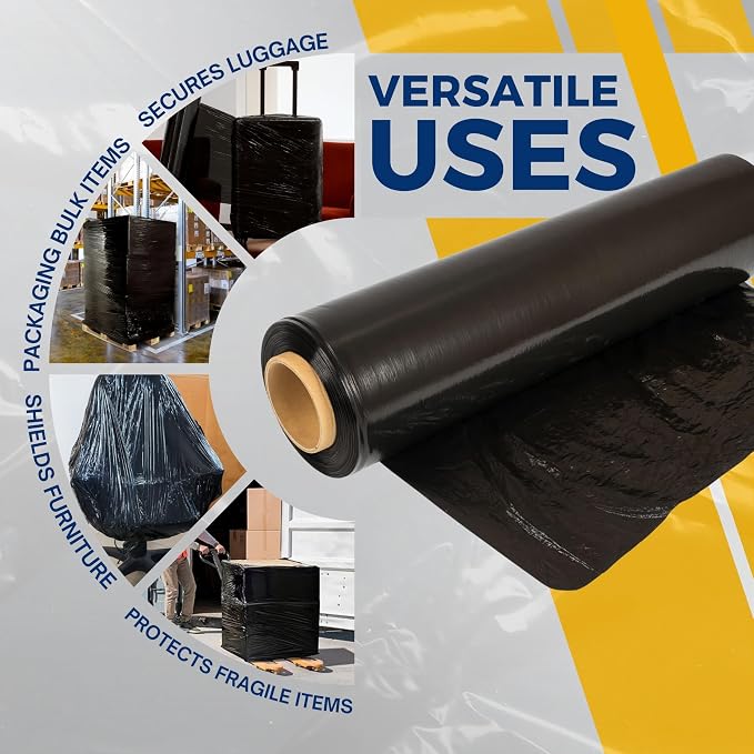 Stretch Film Wrap - Black, 18"x1500 ft, 80 Gauge – 4 Rolls Heavy Duty Pallet Wrap Stretch Wrap Roll for Packing, Moving & Shipping – Industrial Strength Durable Self Adhering Shrink Wrap Roll