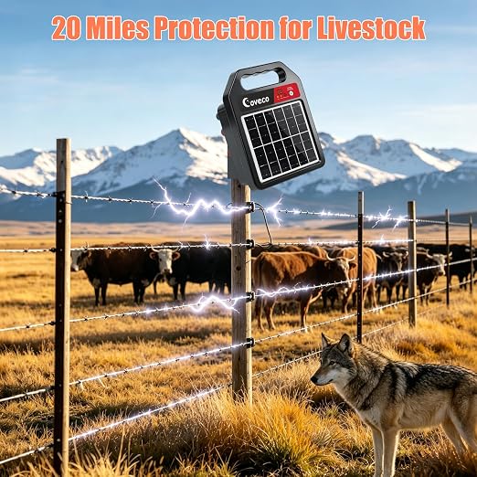 3-in-1Solar Electric Fence Charger 20 Miles, Adjustable 8KV-10KV Livestock Fence Energizer with 110dB Alarm,Short/Open Circuit Protection,LED Battery Level,14-Day Backup for Cattle Horse Goat Farm
