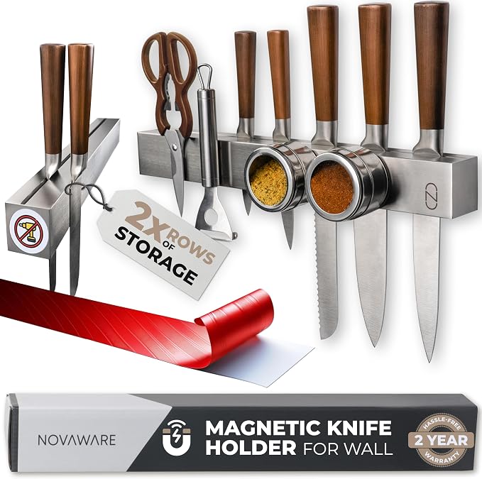 16" Adhesive Magnetic Knife Holder for Wall (No Drill) with 2x Storage - Safe, Patented Storage Design - Stainless Steel Magnet Knife Holder Strip - Magnetic Kitchen Organizer, Tool Storage