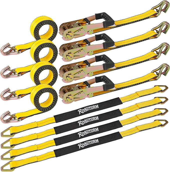 4 Pack Car Tie Down Straps for Trailers - 2" x 10' Ratchet Straps with J-Hooks and 2" x 38'' Axle Straps 10,000lbs Break Strength Heavy Duty Car Hauler Tire Straps for Car, Trailer, UTV Transport