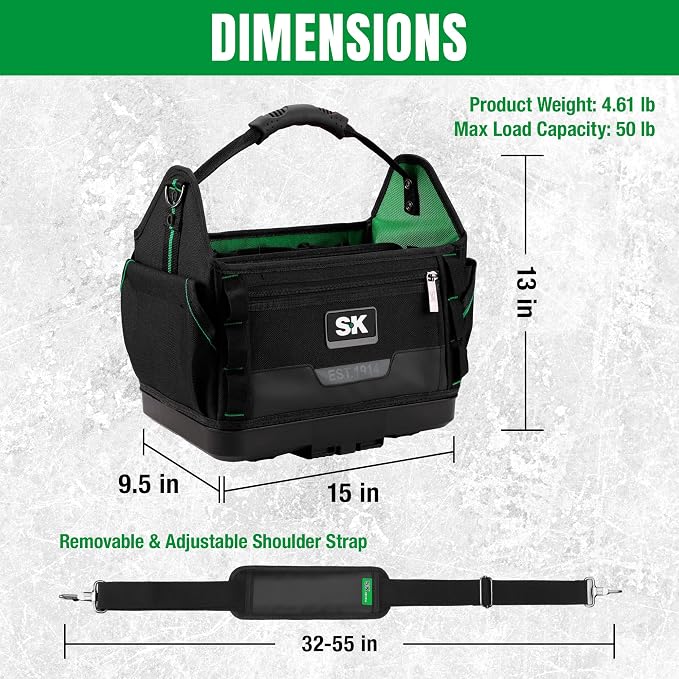 SK 15-Inch Open Top Tool Bag, 1680D Fabric Tool Tote with Waterproof Hard Base, Padded Shoulder Strap & Sturdy Handle, Heavy Duty Stackable Bag Organizer with 28 Pockets, 12 Webbing Loops