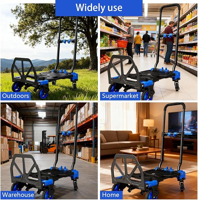 2-in-1 Hand Truck Dolly, 330LB Heavy Duty Carrying Portable Handtruck, Folding Hand Dolly with 4 Wheels&Retractable Handle for Moving, Luggage, Shopping, Office