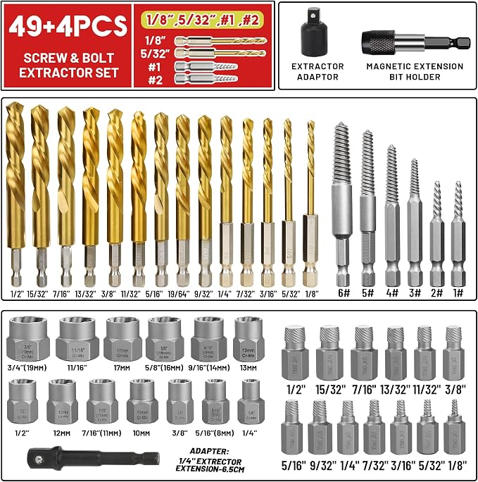 53Pcs Screw Bolt Extractor Set, Left Hand Drill Bit Set 6542/4341 HSS, Easy Out Bolt Extractor Set with Hex Adapter, Stripped Bolt Remover for Broken Rusted Nuts Screws, Bolts, Studs