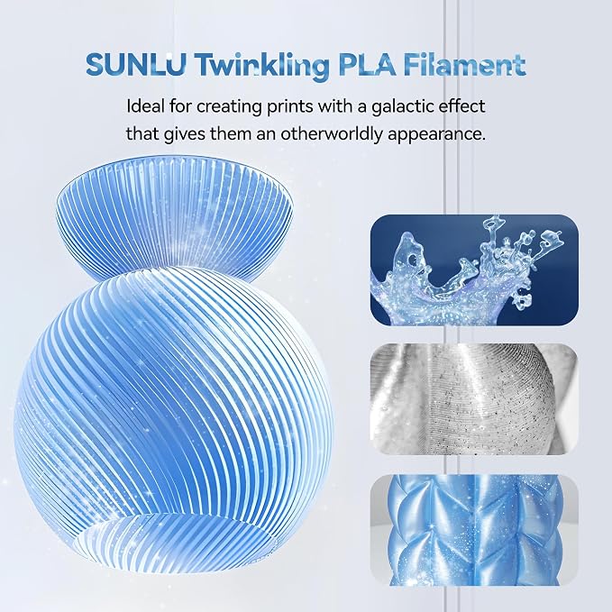 SUNLU Shiny Sparkle PLA Filament 1.75mm, Galaxy Glitter 3D Printing Filament, Dimensional Accuracy +/- 0.02mm, 1kg Spool, Works with Most FDM Printers, Twinkling Blue
