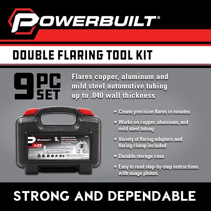 Powerbuilt 9 Piece Double Flaring Tool Set, Use on Copper, Aluminum, Soft Steel Brake Line and Brass Tubing, Storage Case - 648610
