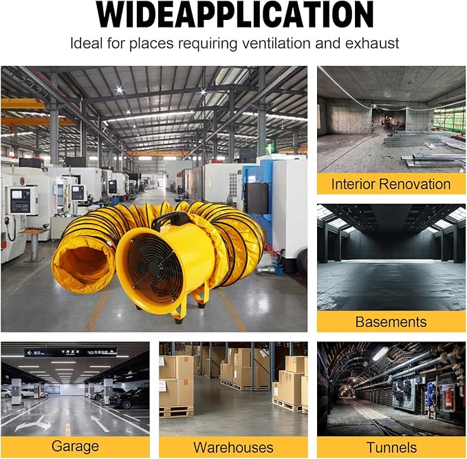 12 Inch Utility Blower Fan with 16 Ft Flexible Duct Hose, 2882 CFM High Velocity Industrial Ventilation Exhaust Fan, Portable Axial Ventilator with Ball Bearing Motor for Workshop, Basement, Job Site.