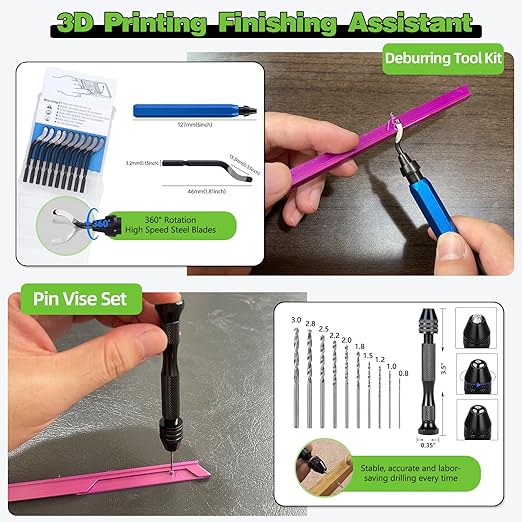 3D Printing Tool Set with Wood Box – 3D Printer Tools Features a deburring Tool, Wire Cutter, Drill, and Scraper for Model cleanup, Surface Smoothing, and Precise Drilling.