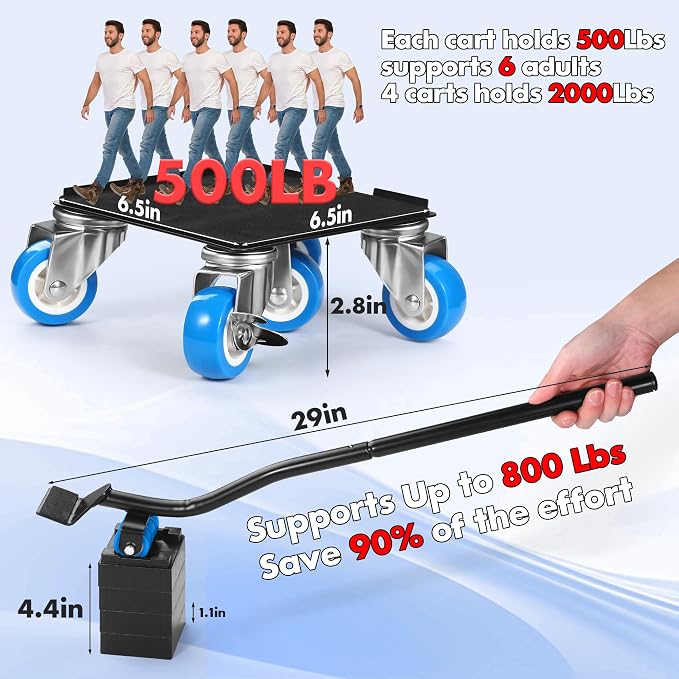 Heavy Duty Furniture Moving Tool Set, Supports up to 2000 Pounds, 5 Wheel Metal Furniture Mover, Furniture Dolly, Appliance Furniture Sliders with Wheels, Furniture Lifter Tool (Blue, 6.5" x6.5")
