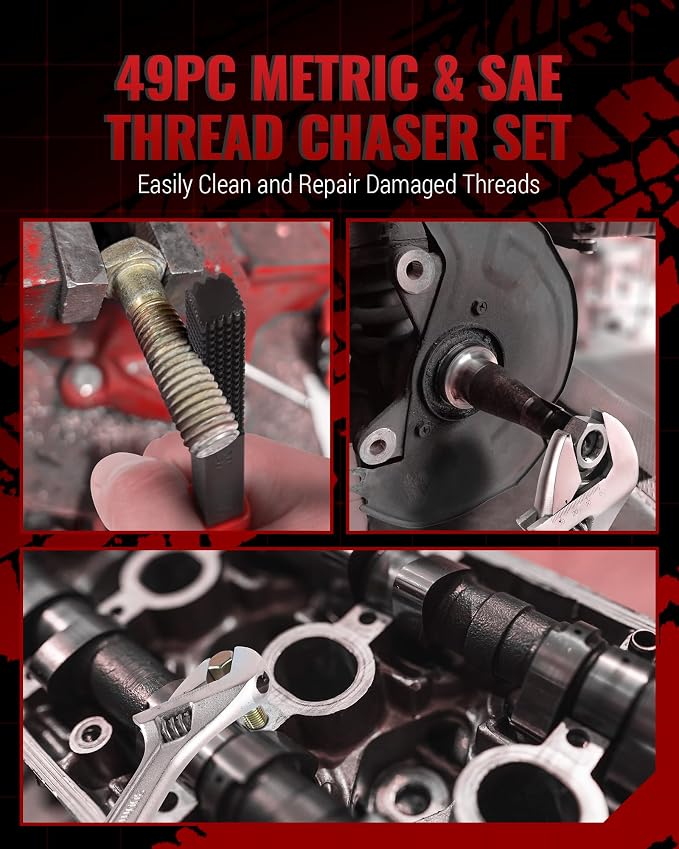 Reywoo 49 PC Thread Chaser Set, Metric and SAE Thread Restorer Tool with 22 Taps 24 Dies 3 Thread Files, Master Thread Cleaner Rethreading Kit in UNC UNF Metric Sizes